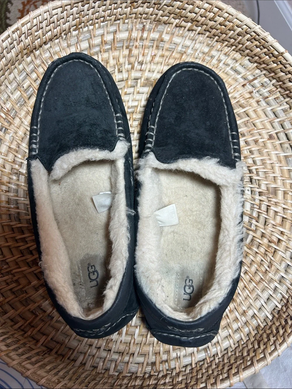 UGG Black Suede Shearling-Lined Moccasin Slippers